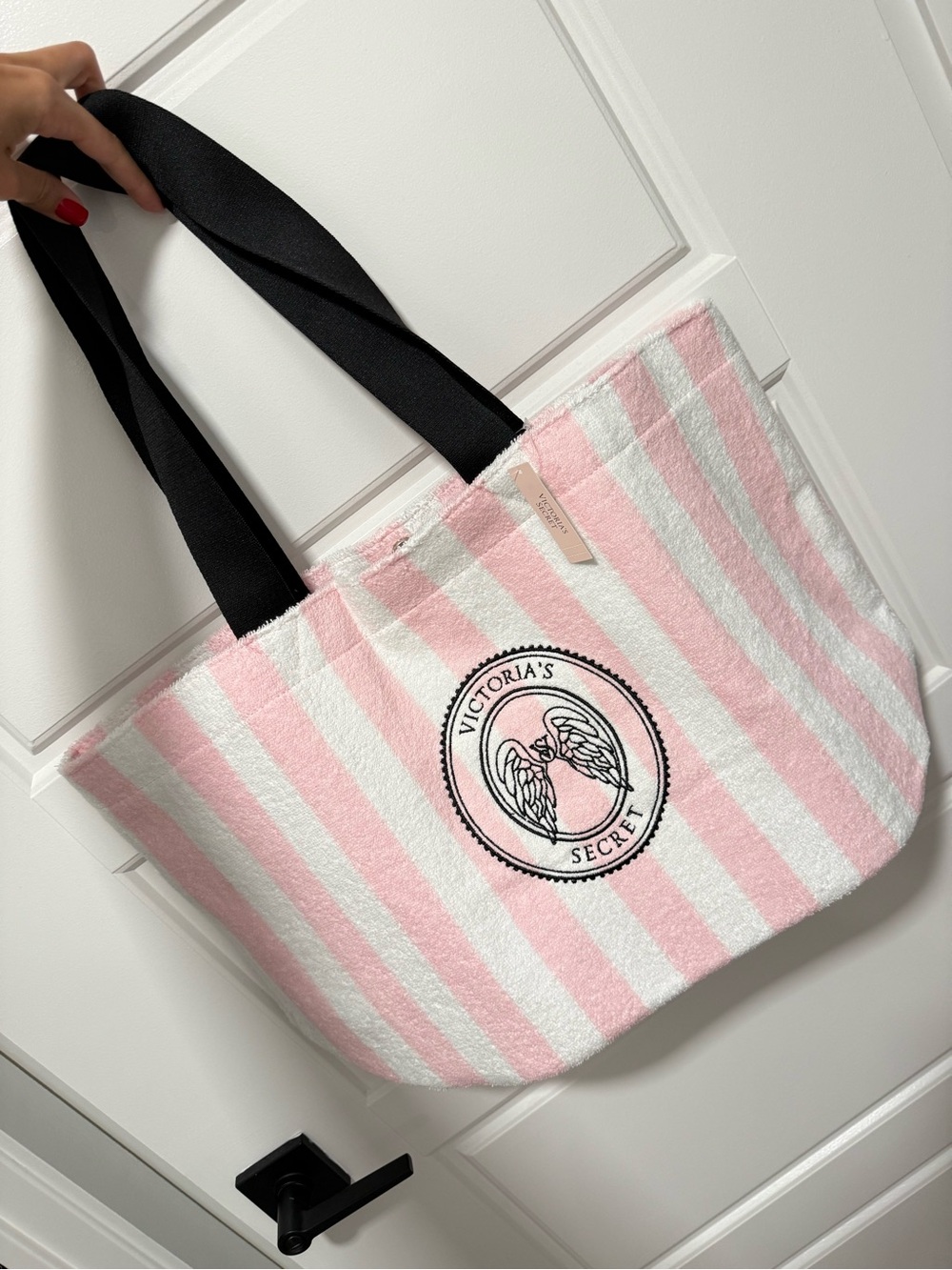 Victoria's Secret Pink and White Striped Tote with Black Handles